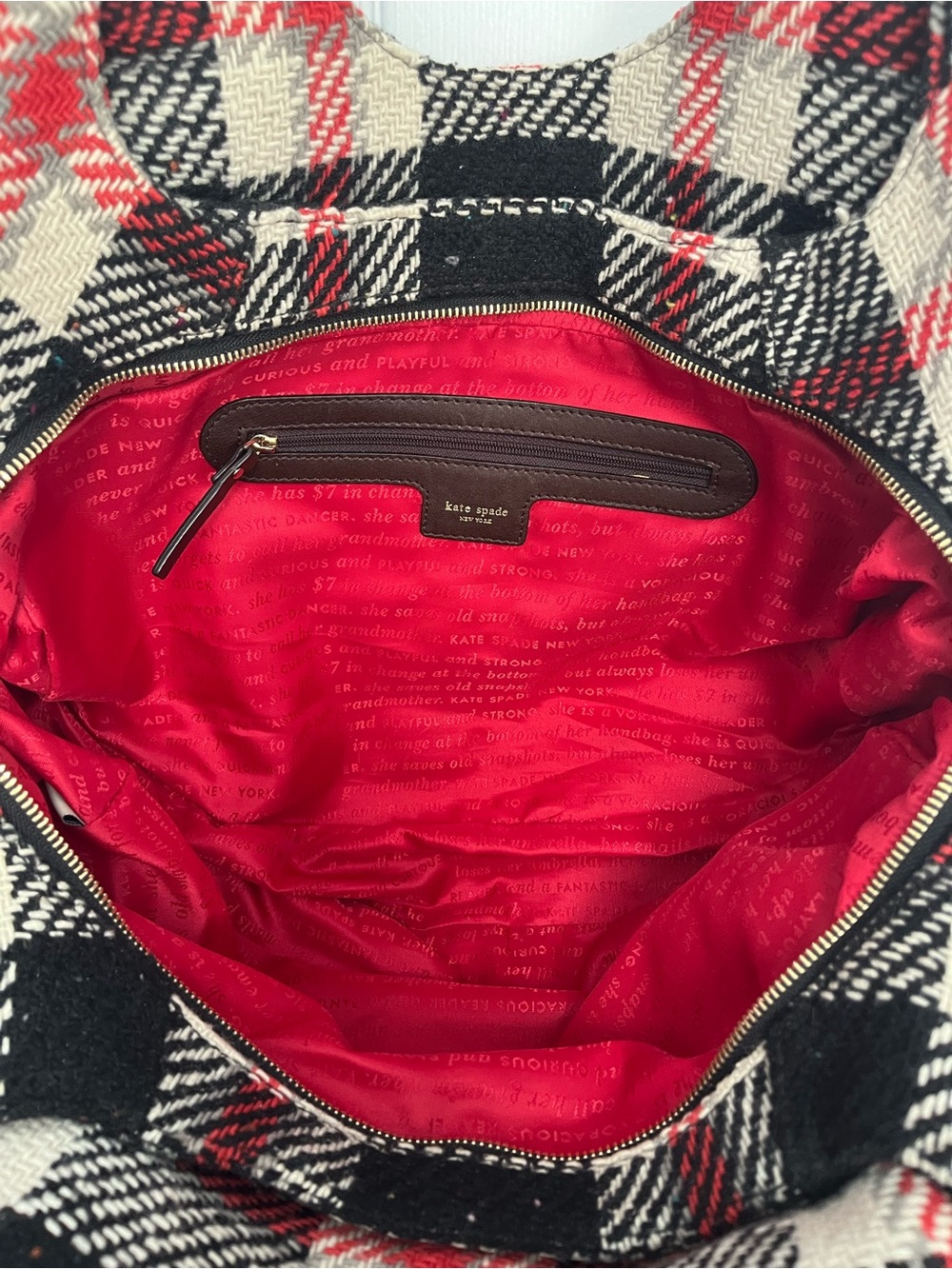 Kate Spade NY Storybook Lining Ruby Park Shon Hobo Bag Plaid Wool Red - Picture 12 of 17